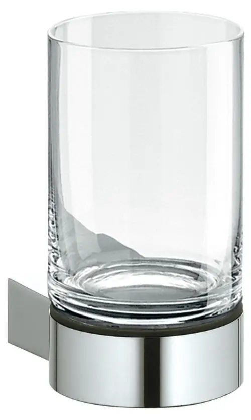 Verchromter Halter von Keuco für Glas mit einer glatten, runden Form, der an der Wand montiert ist und ein klares Acrylglas enthält.